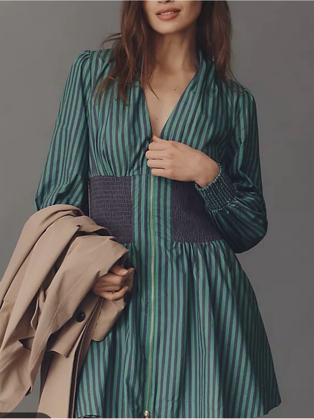 Anthropologie Green and Black Striped Smocked-Waist Mini Dress